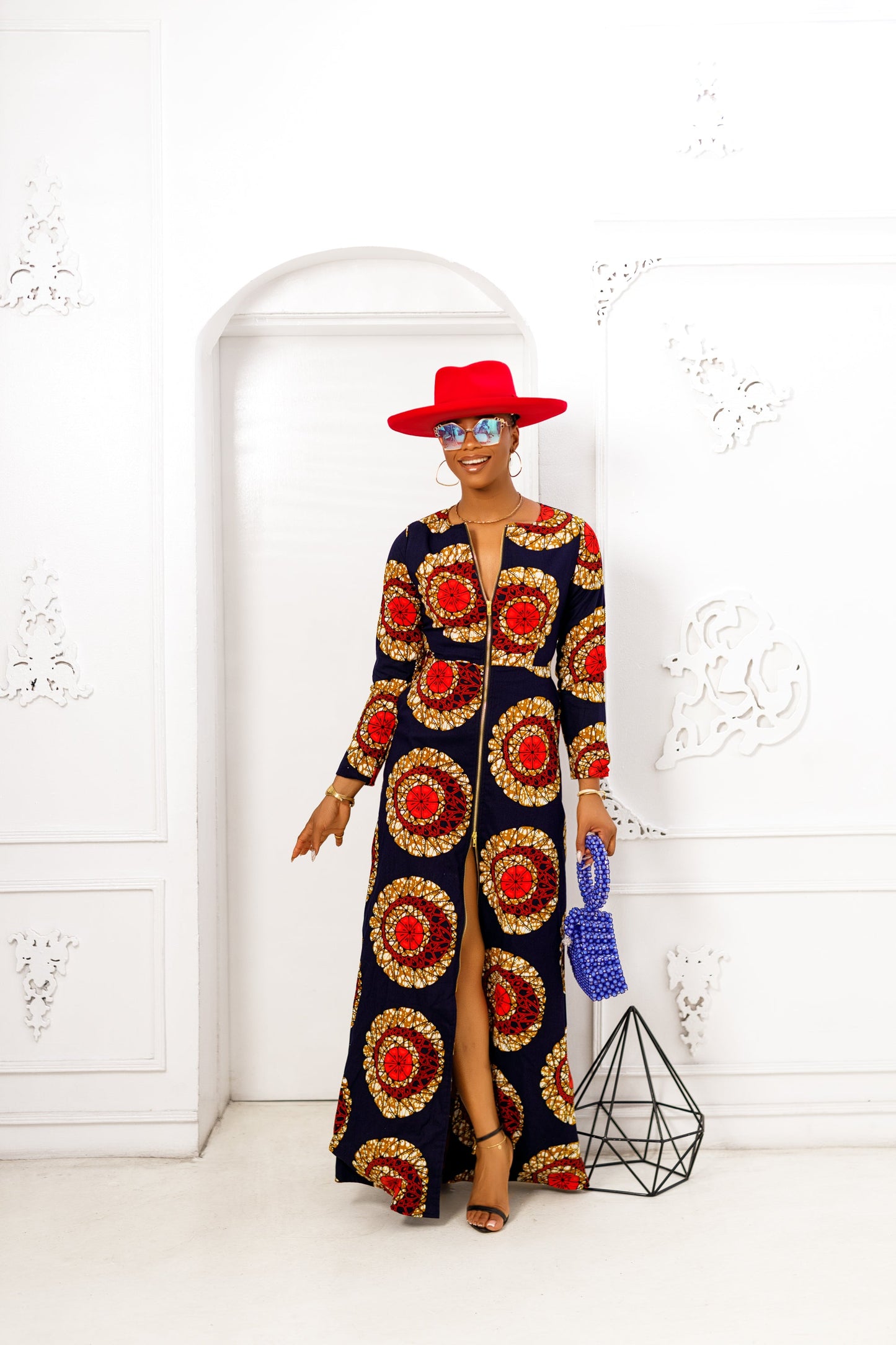 FARIDA AFRICAN PRINT LONG SLEEVE FRONT ZIP MAXI DRESS [RED]