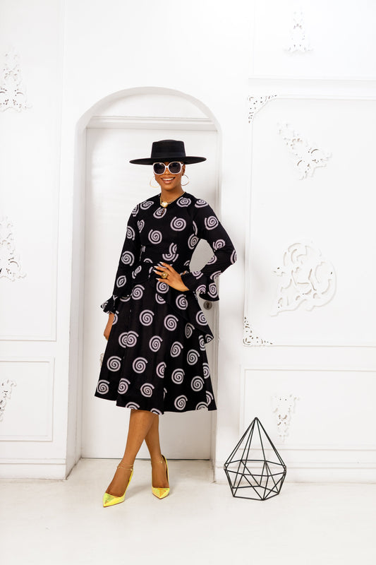 KOFI AFRICAN PRINT FLARE SLEEVE DRESS [BLACK]