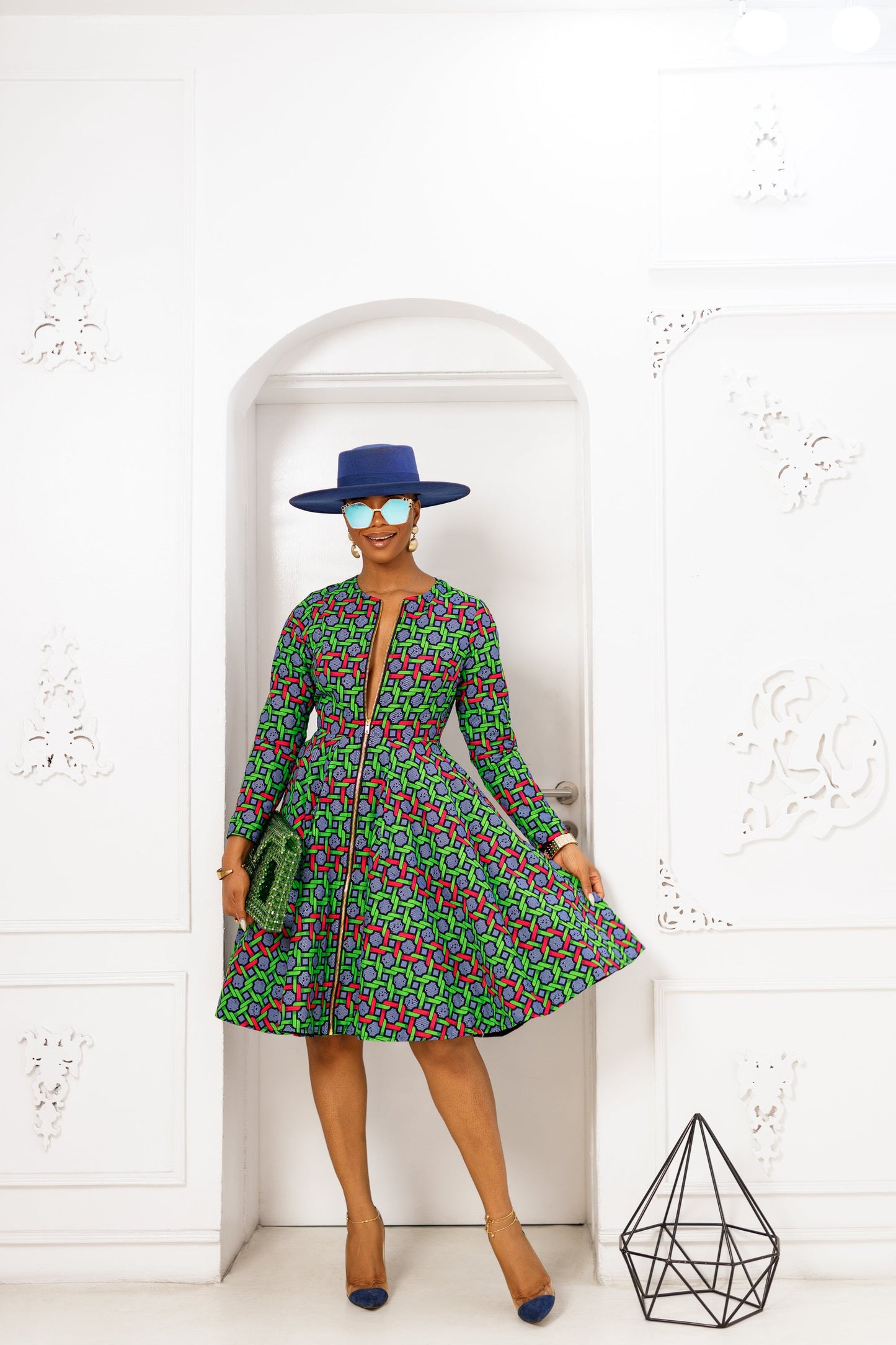 KEITA AFRICAN PRINT ZIP FRONT DRESS [GREEN]