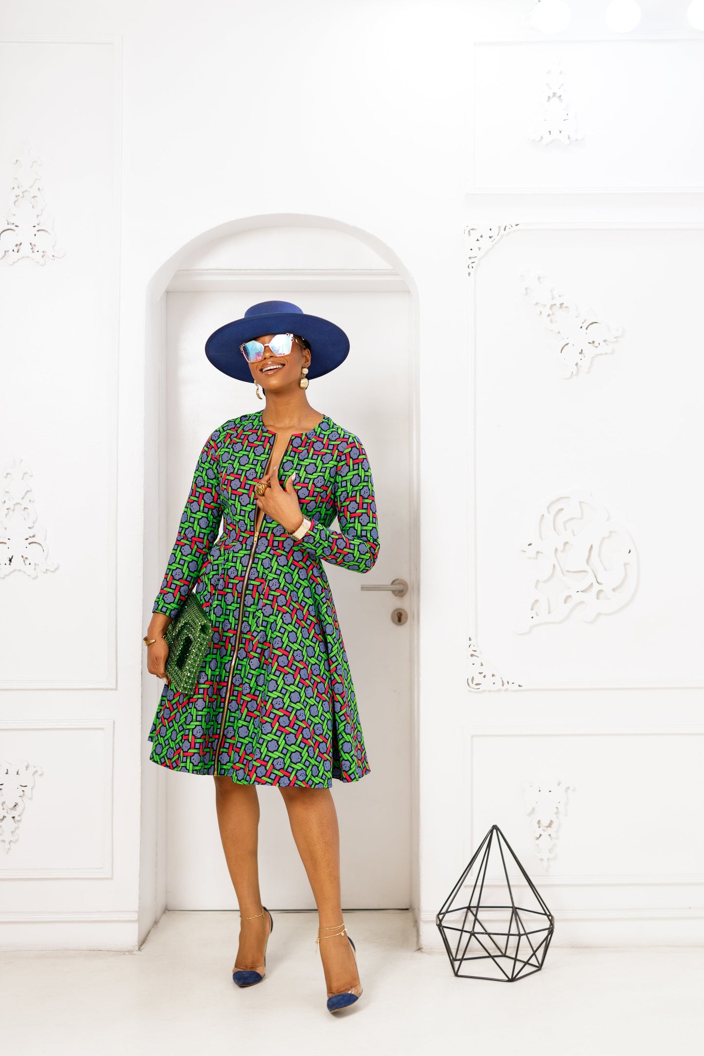 KEITA AFRICAN PRINT ZIP FRONT DRESS [GREEN]