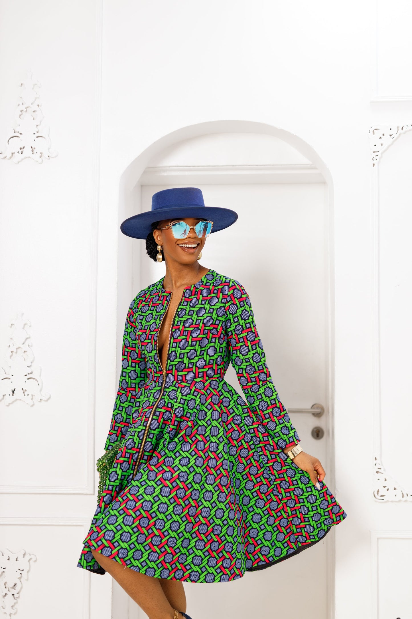 KEITA AFRICAN PRINT ZIP FRONT DRESS [GREEN]