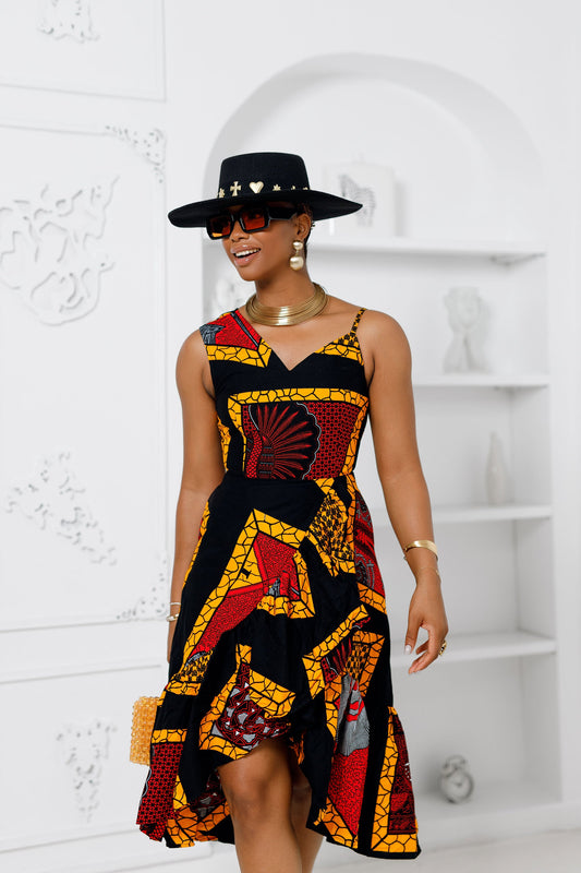 REMI AFRICAN PRINT SCALLOP PLEATED DRESS [RED]