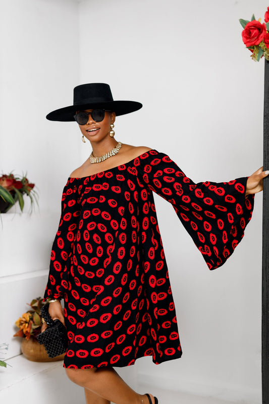 TIYE AFRICAN PRINT OFF SHOULDER DRESS [RED]