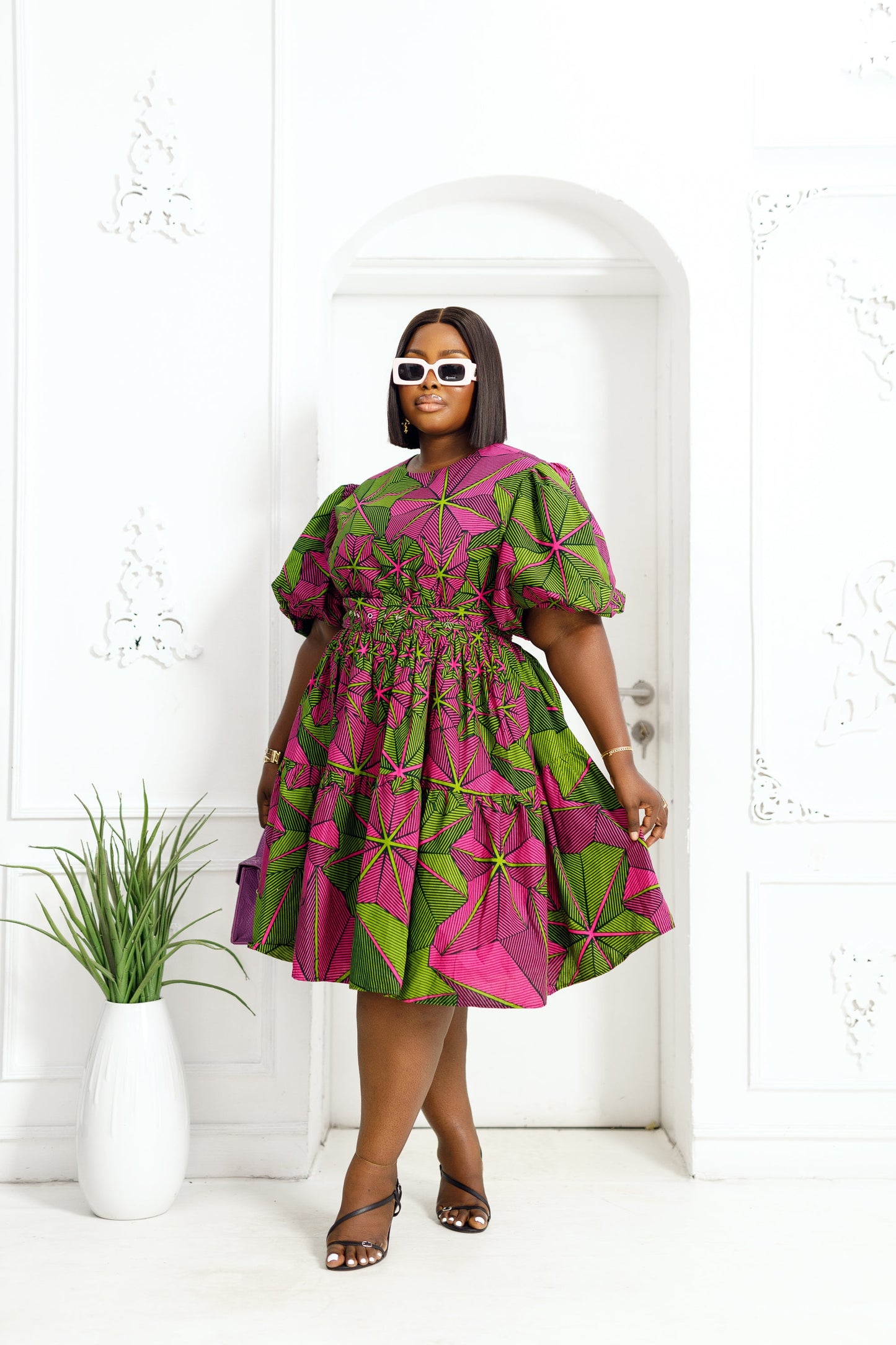 BUNMI AFRICAN PRINT PUFF SLEEVE MIDI DRESS