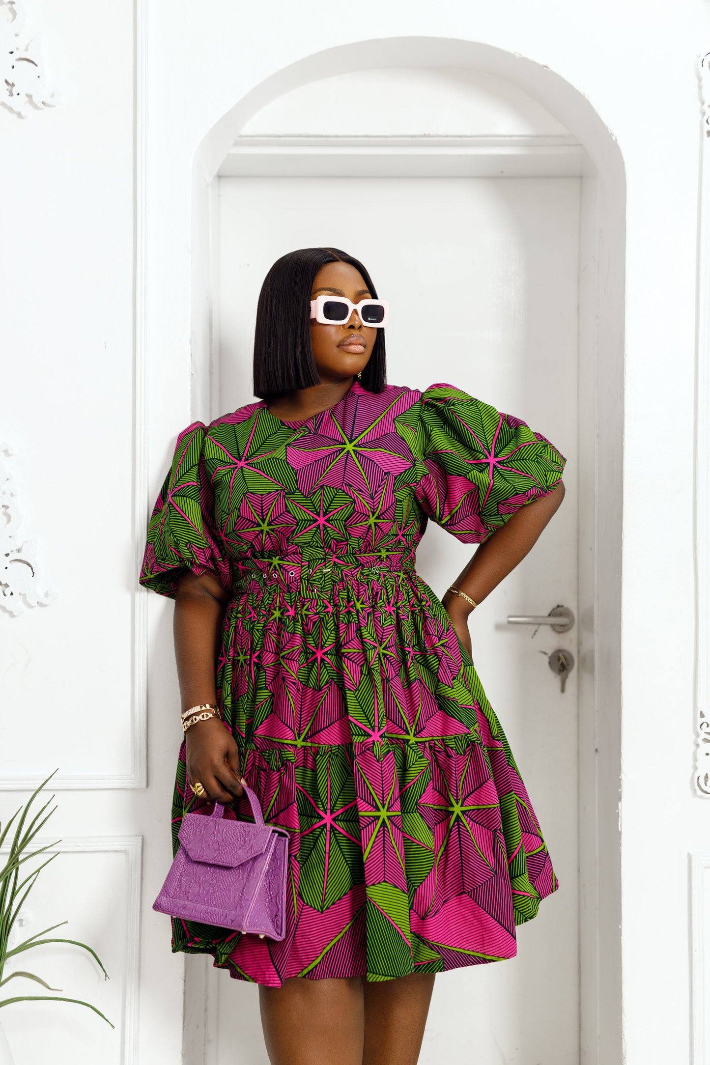 BUNMI AFRICAN PRINT PUFF SLEEVE MIDI DRESS