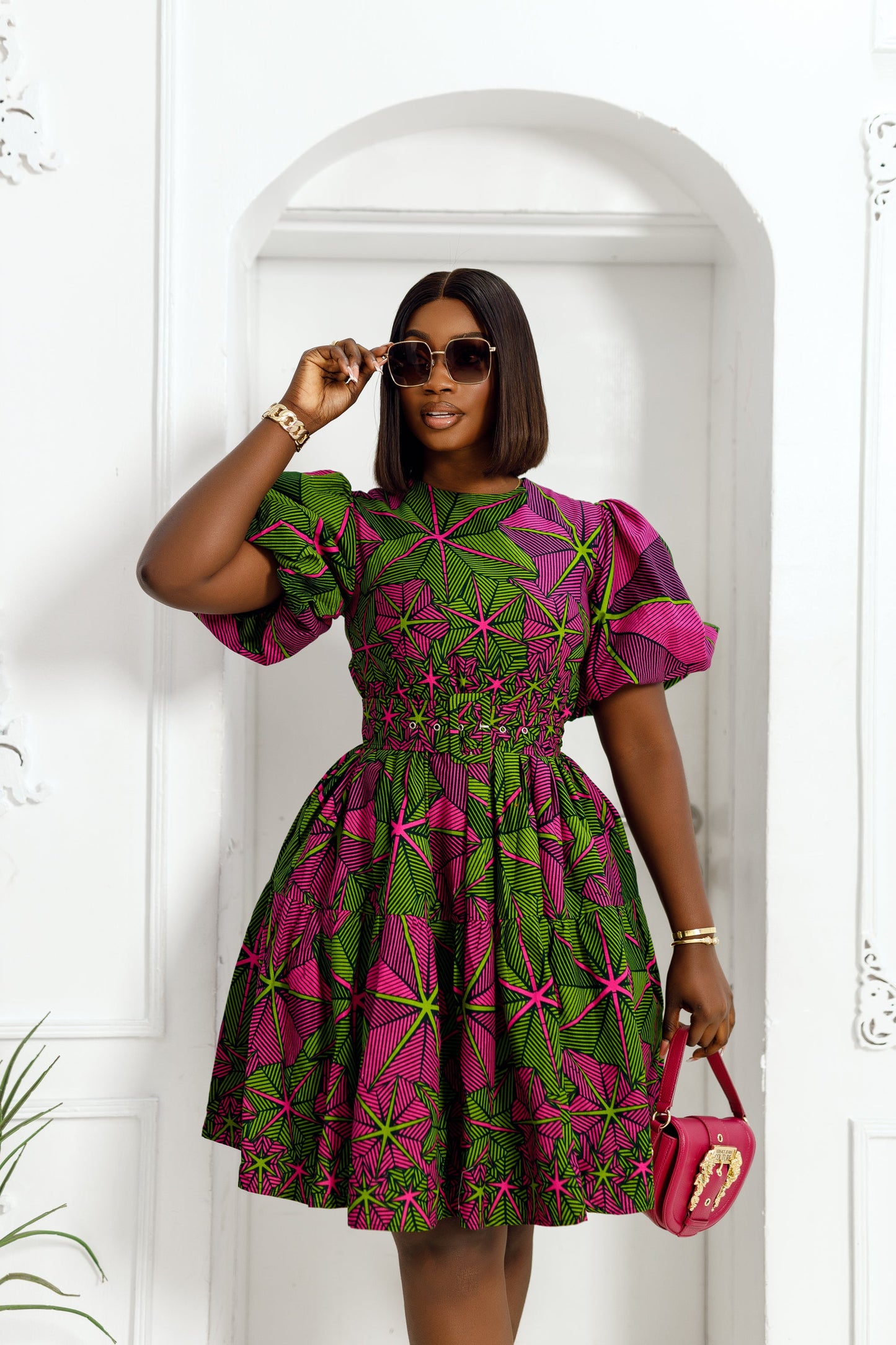 BUNMI AFRICAN PRINT PUFF SLEEVE MIDI DRESS