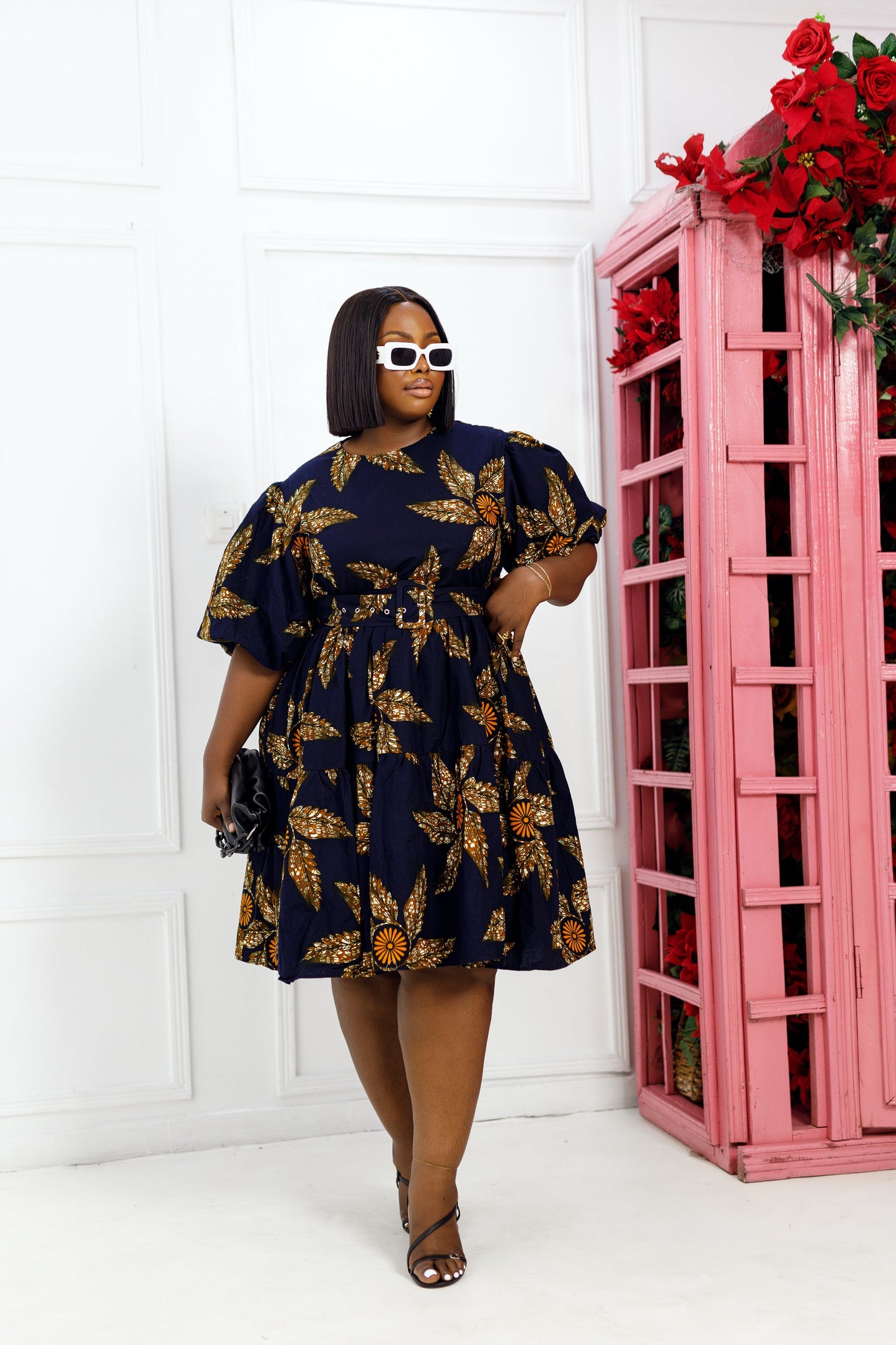 BUNMI AFRICAN PRINT PUFF SLEEVE MIDI DRESS [NAVY BLUE]