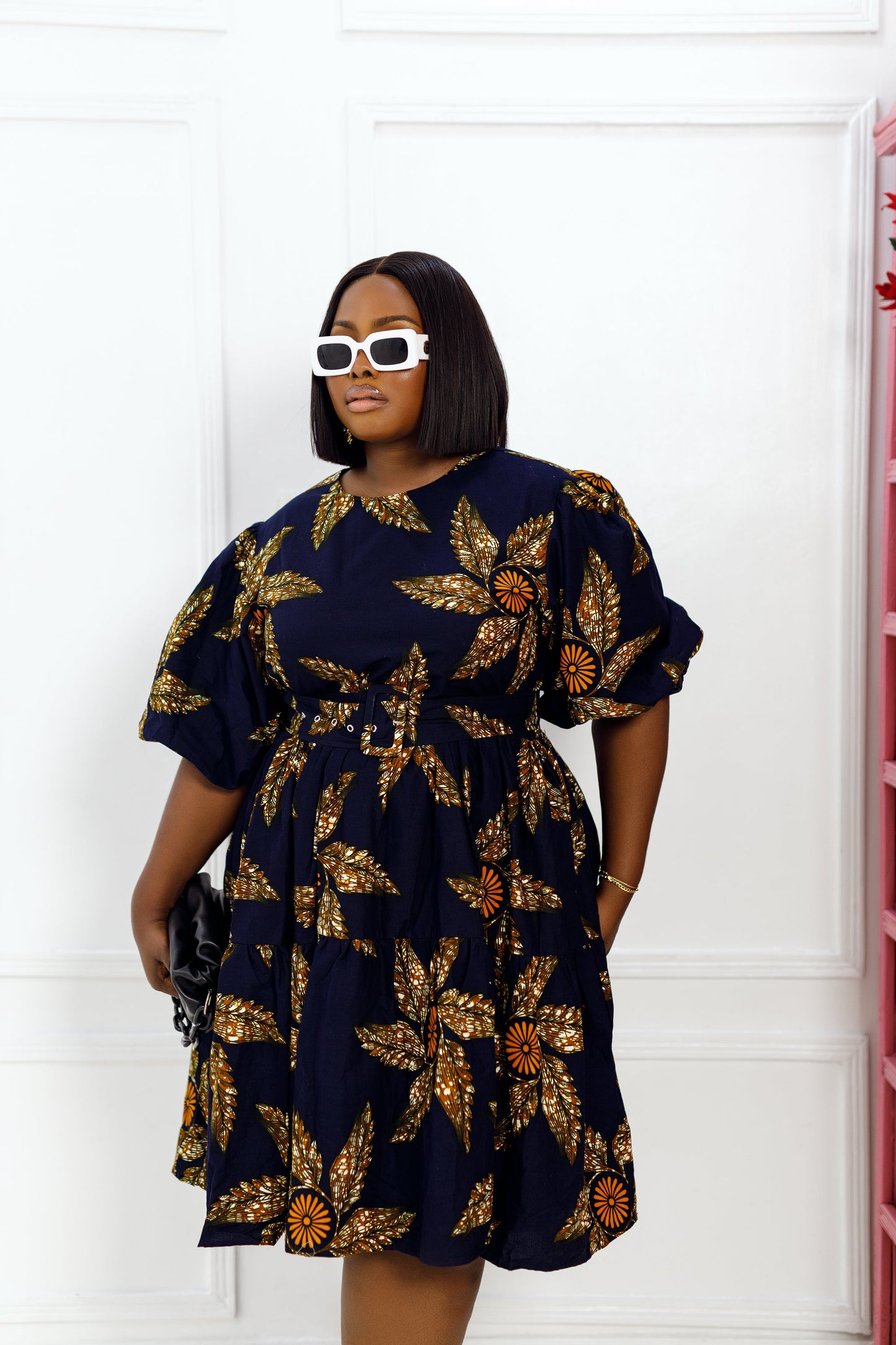 BUNMI AFRICAN PRINT PUFF SLEEVE MIDI DRESS [NAVY BLUE]