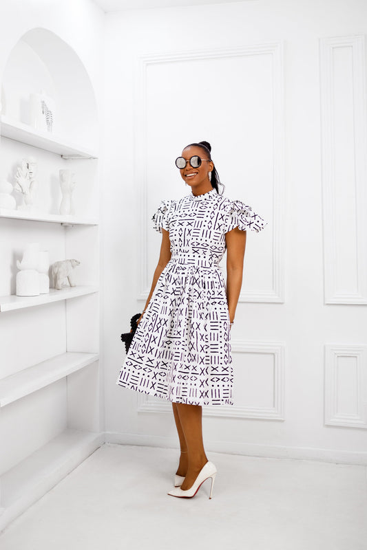 VALERIE AFRICAN PRINT HIGH NECK DRESS [WHITE]