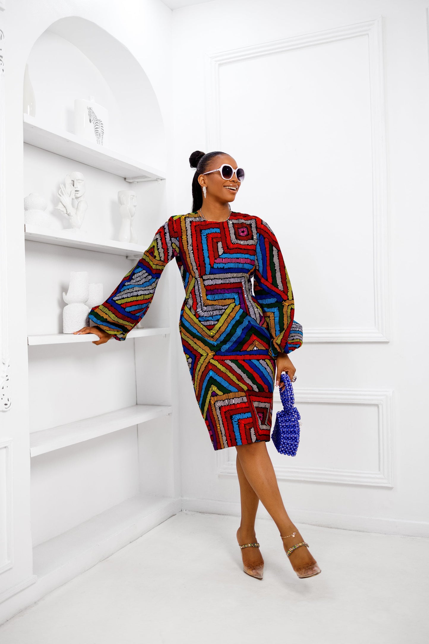 ZORA AFRICAN PRINT BALLOON SLEEVE DRESS [MULTICOLOR]