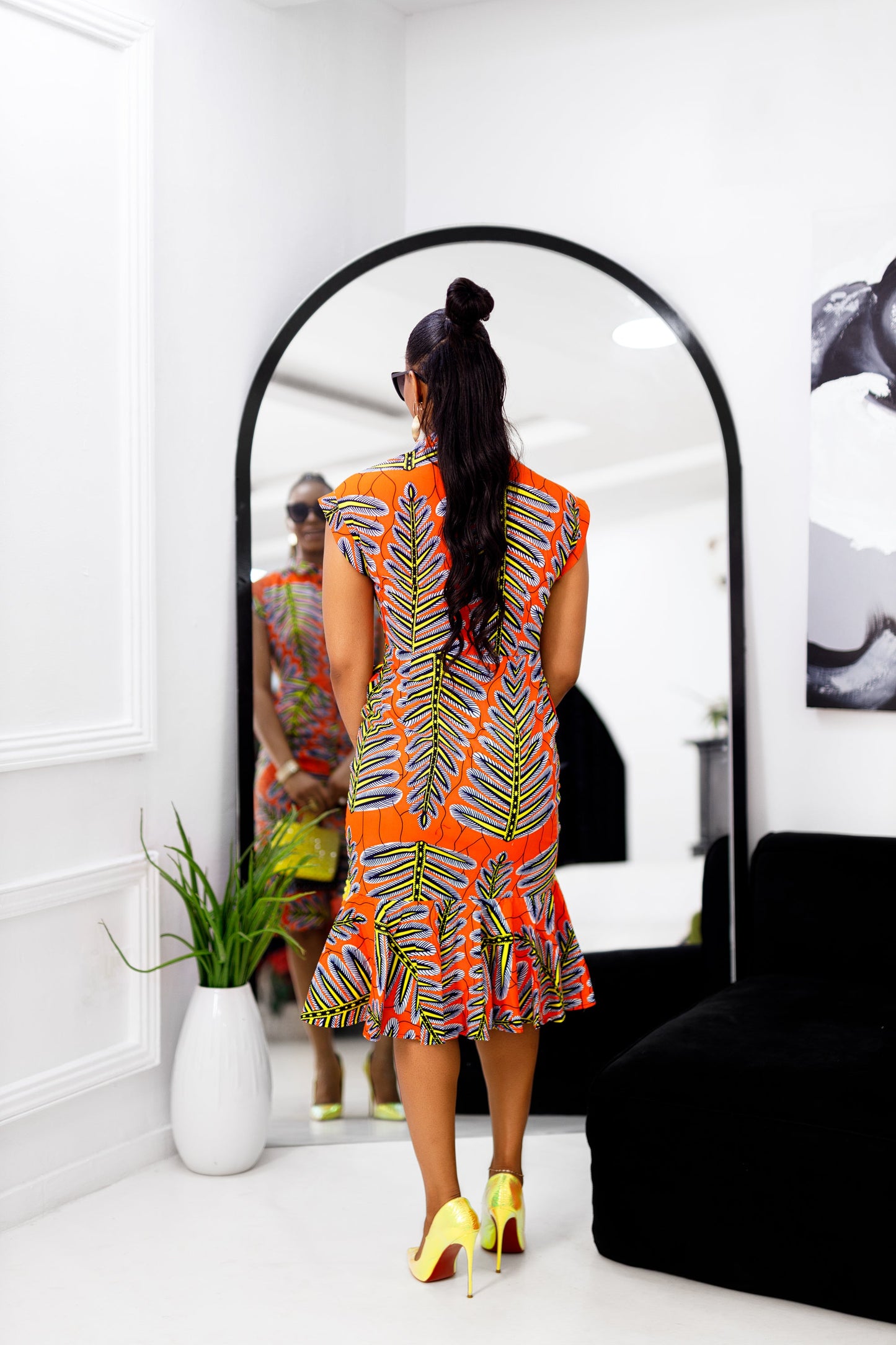 NADIA AFRICAN PRINT MIDI HEM DRESS [ORANGE]