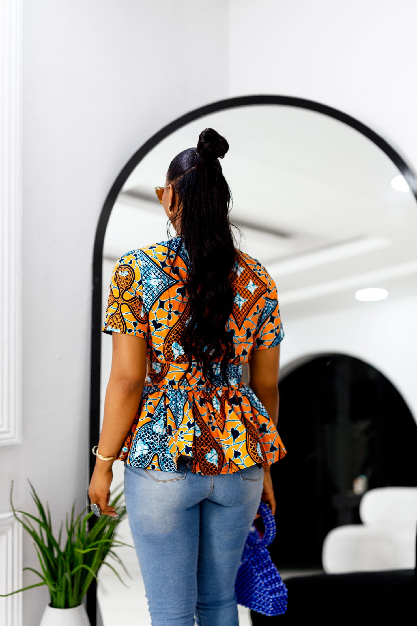 DUNNI AFRICAN PRINT FRONT ZIP PEPLUM TOP [YELLOW]