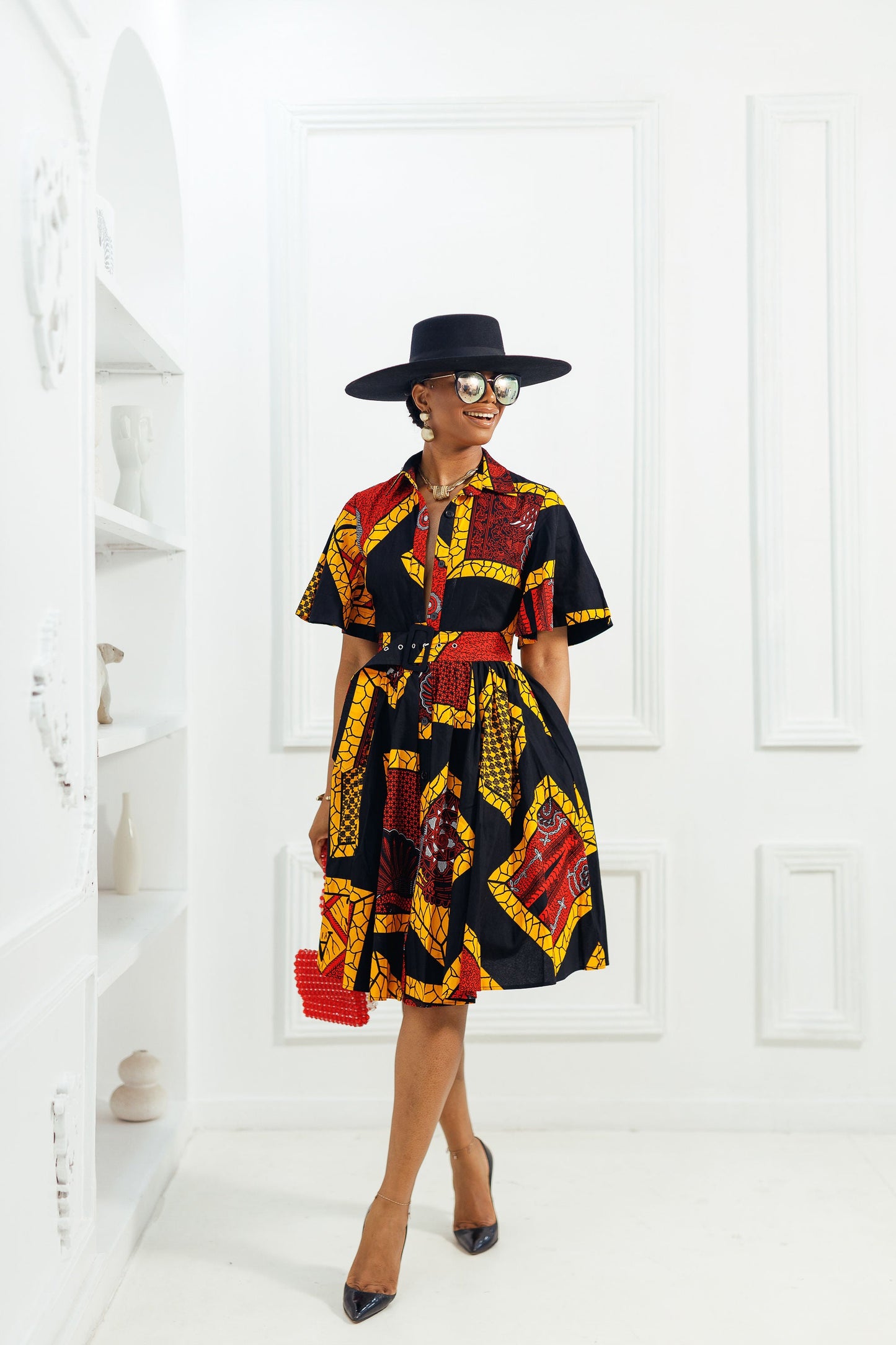 LALA AFRICAN PRINT FLARE SLEEVE BUTTON DRESS [BLACK N RED]