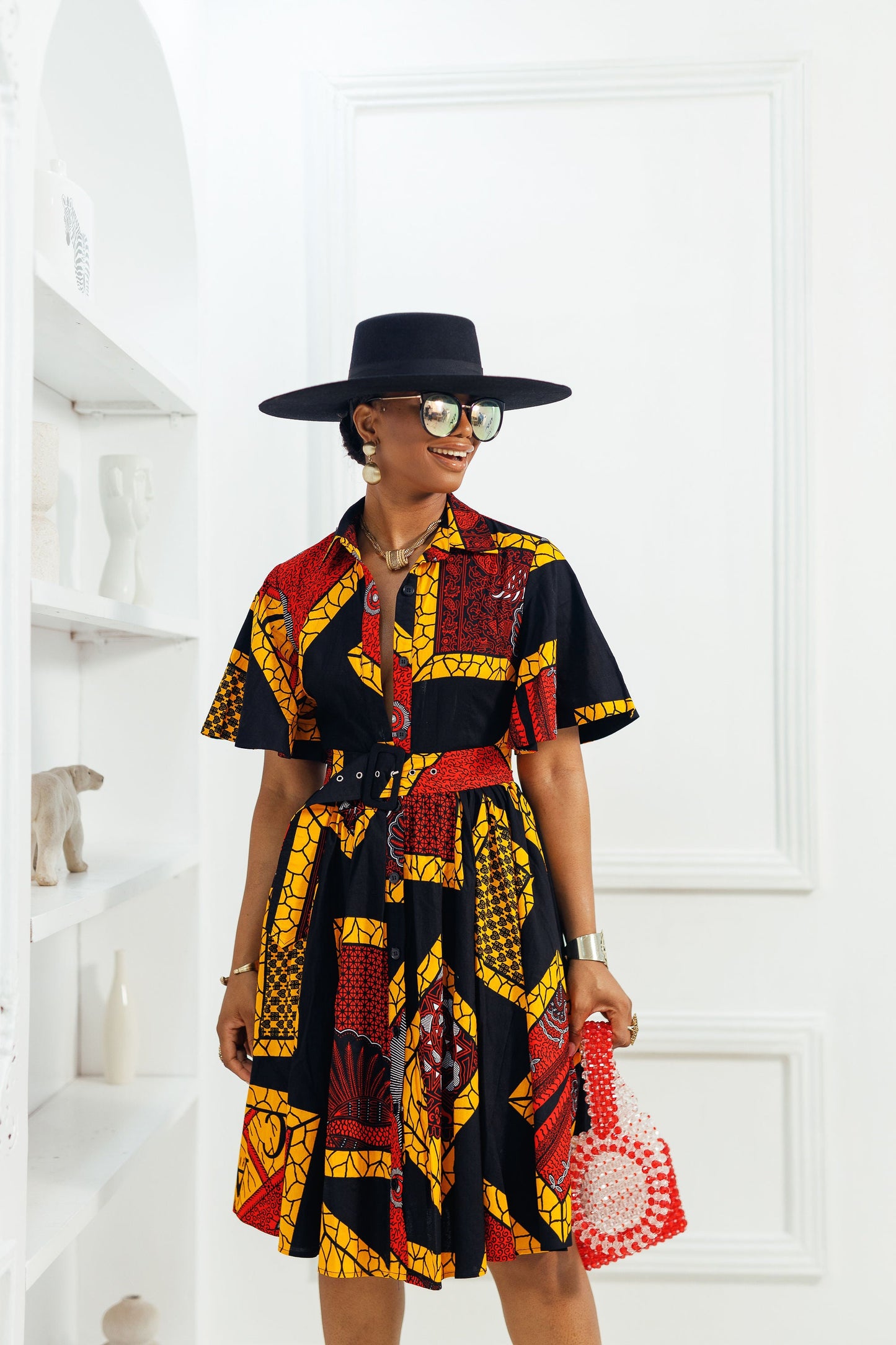 LALA AFRICAN PRINT FLARE SLEEVE BUTTON DRESS [BLACK N RED]