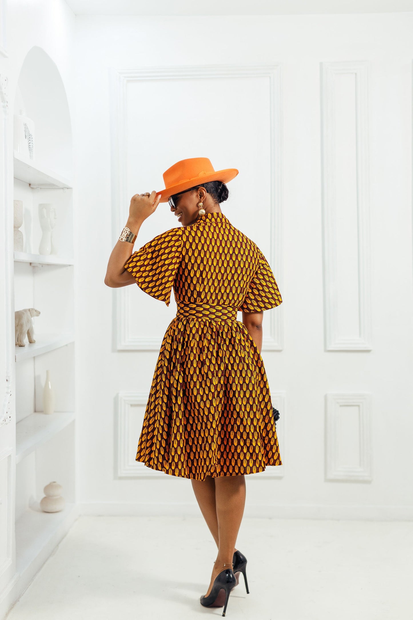 LALA AFRICAN PRINT FLARE SLEEVE BUTTON DRESS