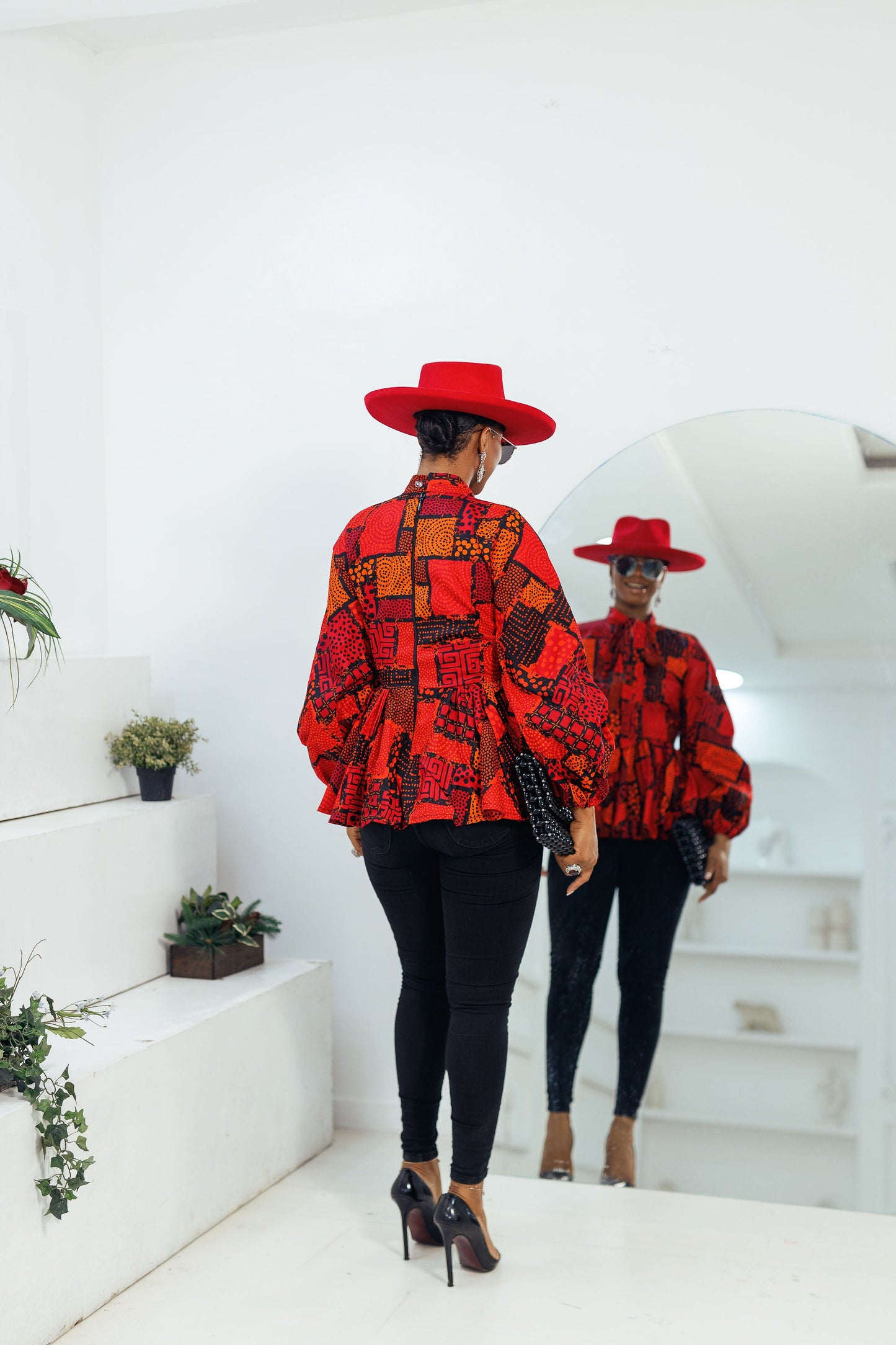 BIBI AFRICAN PRINT PUFF SLEEVE TOP [RED]