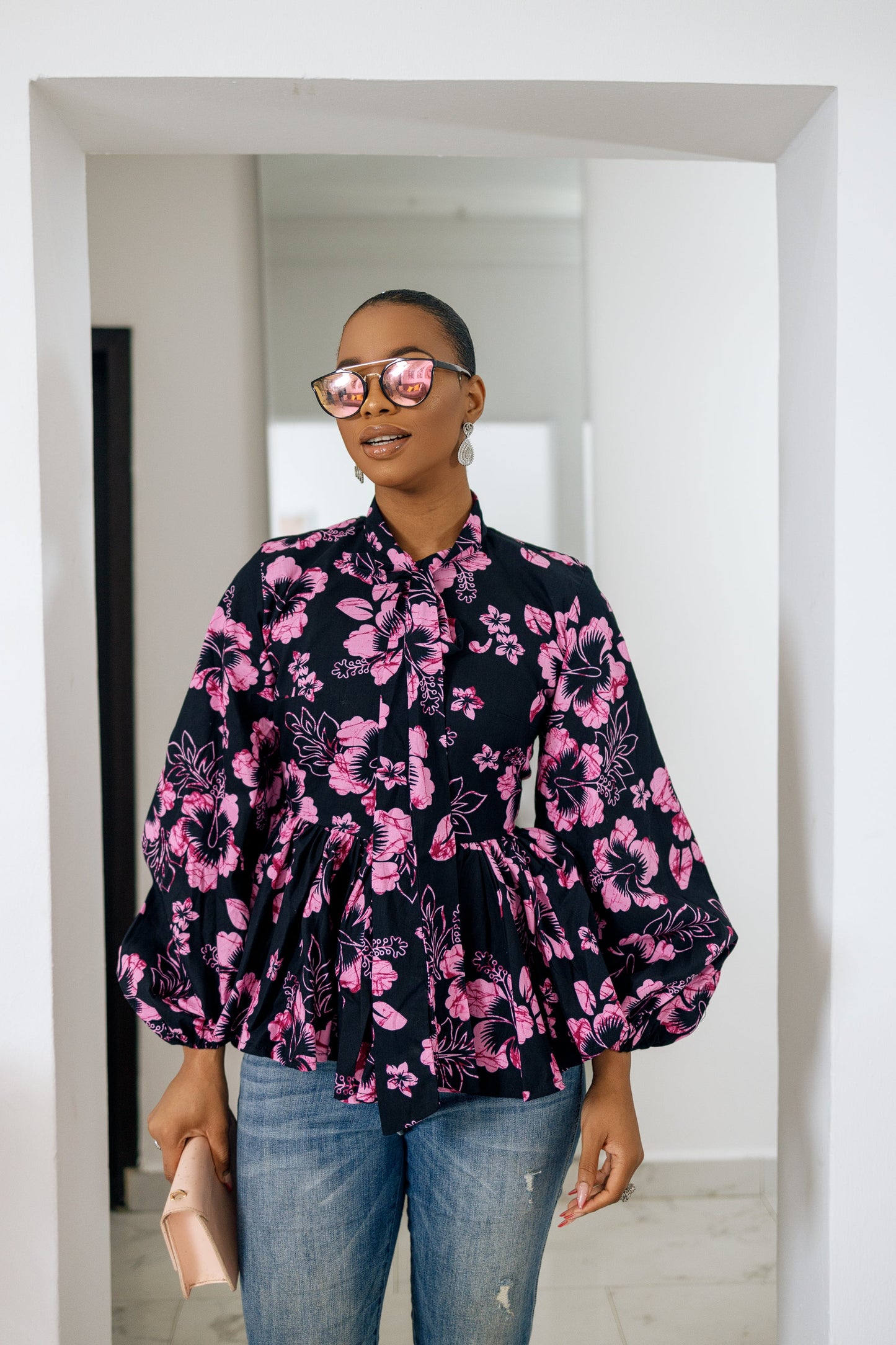 BIBI AFRICAN PRINT PUFF SLEEVE TOP [PINK]