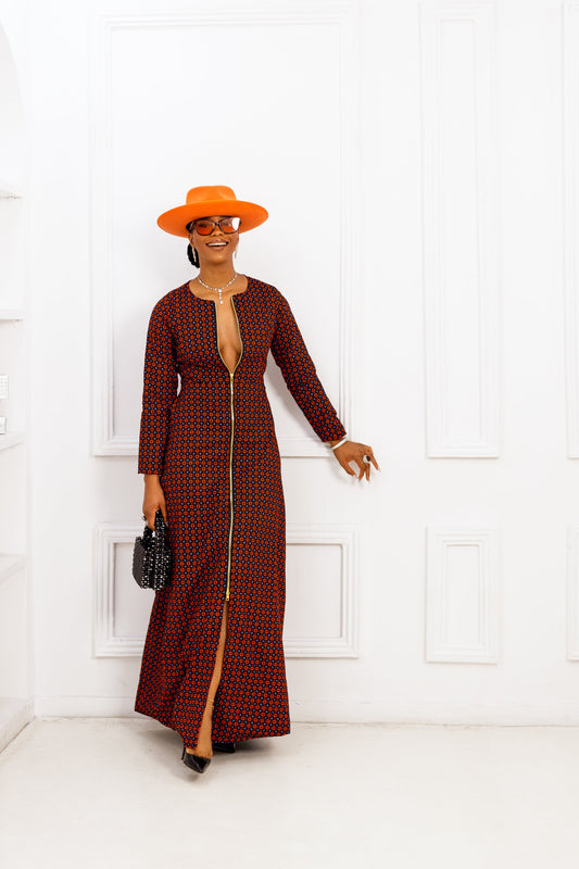 FARIDA AFRICAN PRINT LONG SLEEVE FRONT ZIP MAXI DRESS