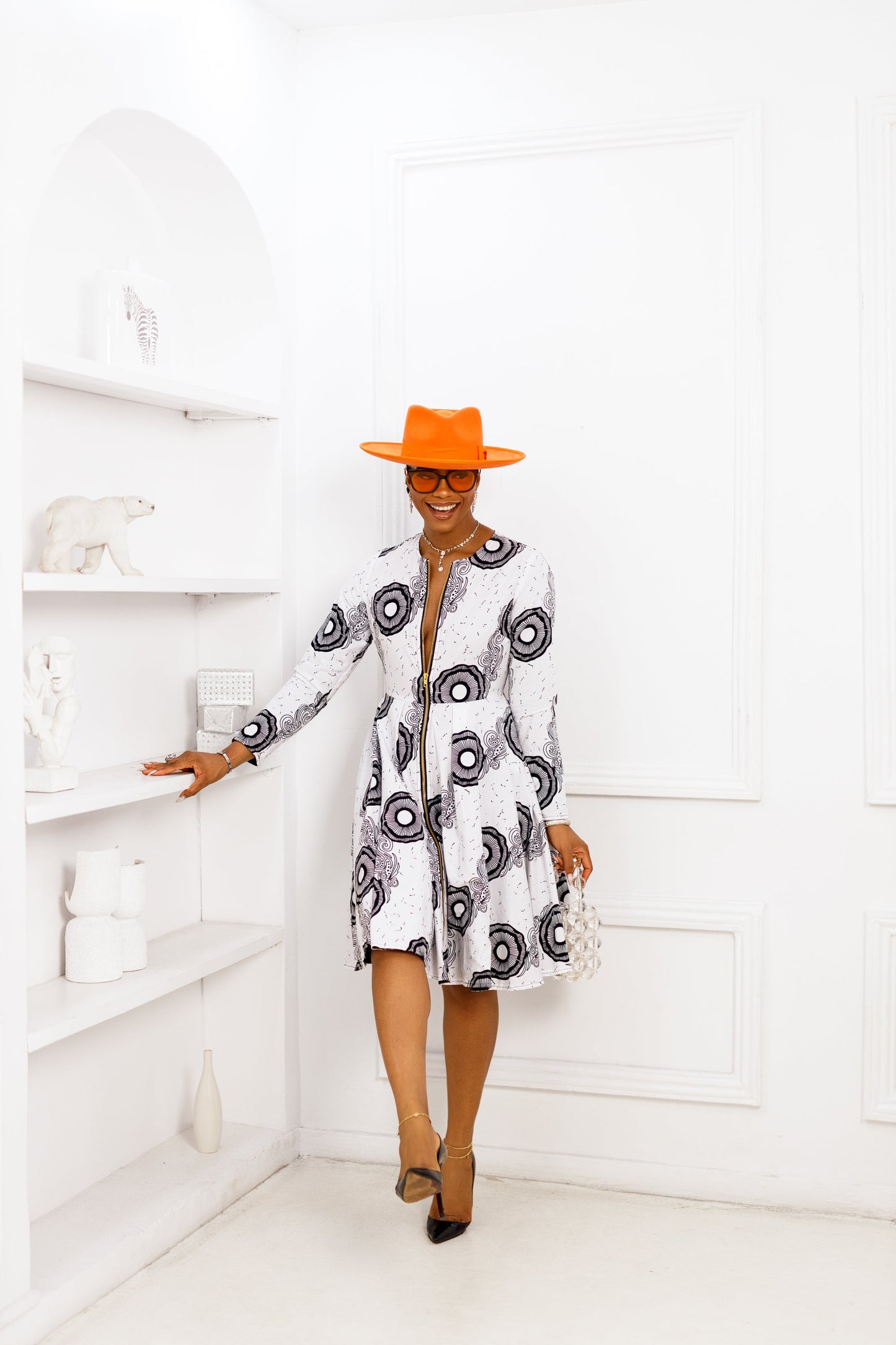 KEITA AFRICAN PRINT ZIP FRONT DRESS [WHITE]