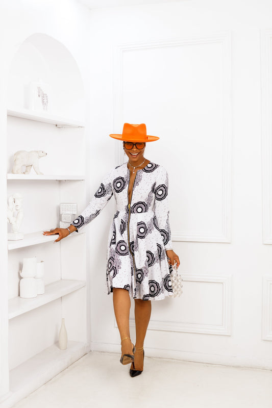 KEITA AFRICAN PRINT ZIP FRONT DRESS [WHITE]