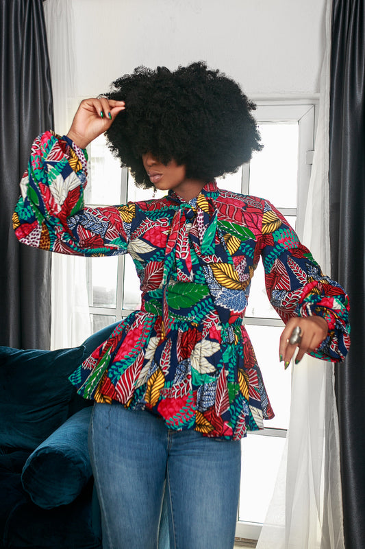 BIBI AFRICAN PRINT PUFF SLEEVE TOP [MULTICOLOR]