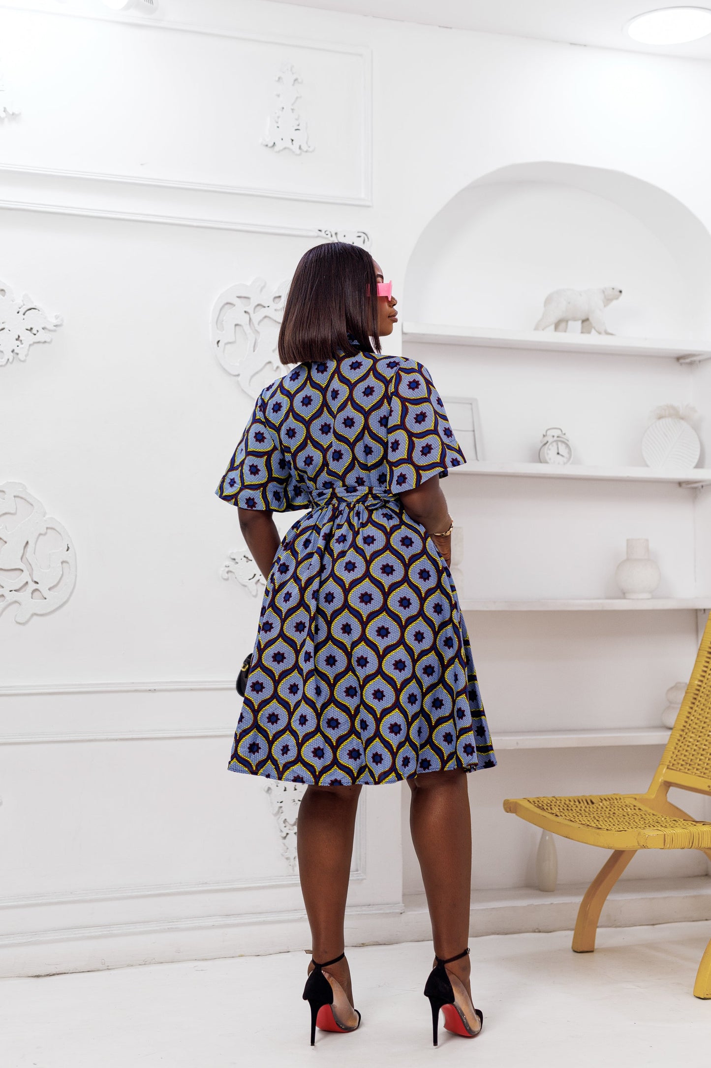 LALA AFRICAN PRINT FLARE SLEEVE BUTTON DRESS [BLUE]