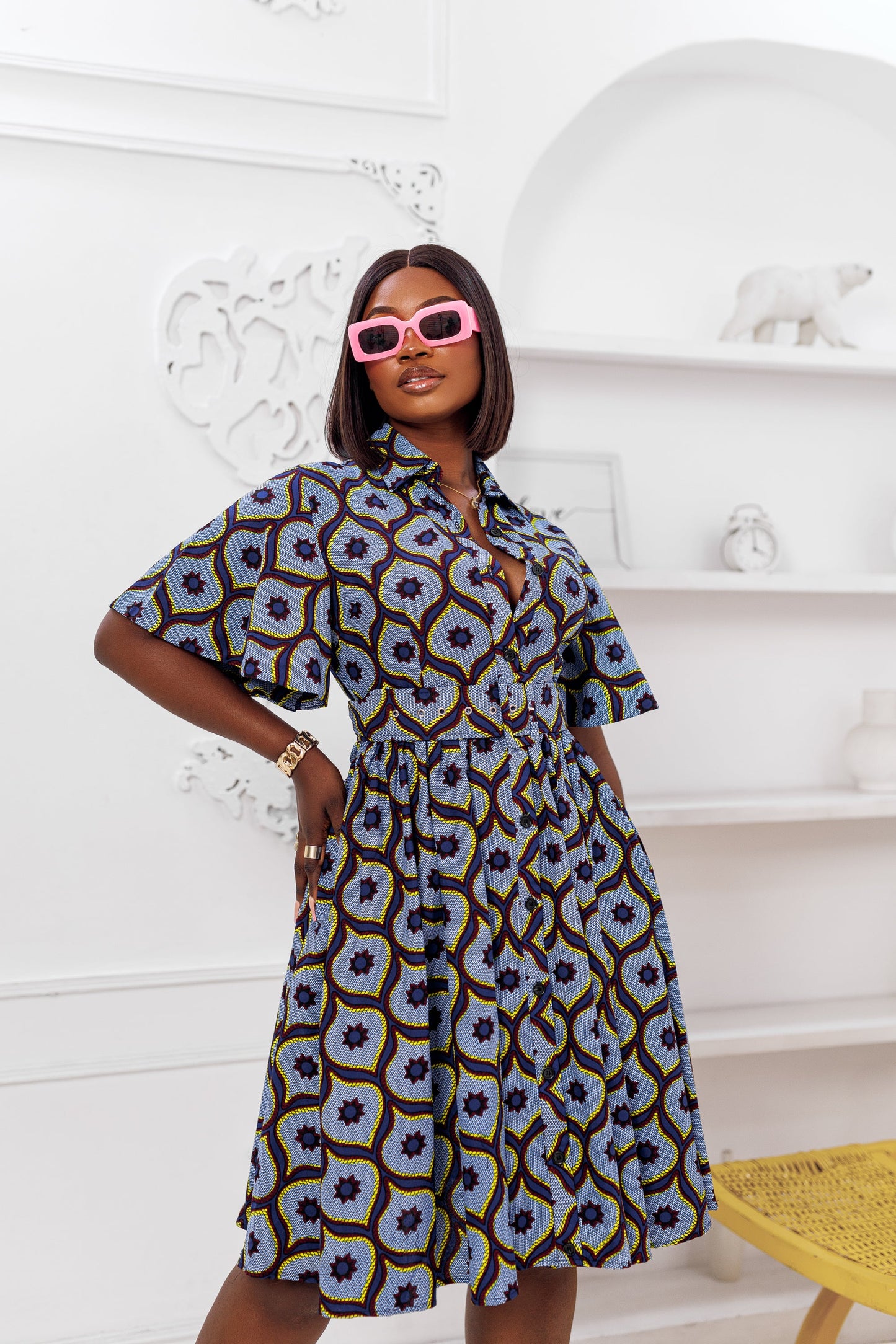 LALA AFRICAN PRINT FLARE SLEEVE BUTTON DRESS [BLUE]