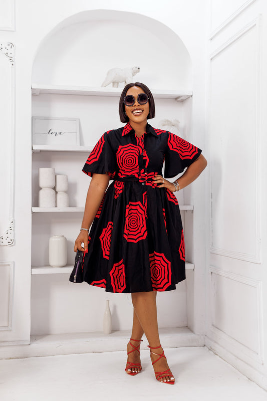 LALA AFRICAN PRINT FLARE SLEEVE BUTTON DRESS [RED]