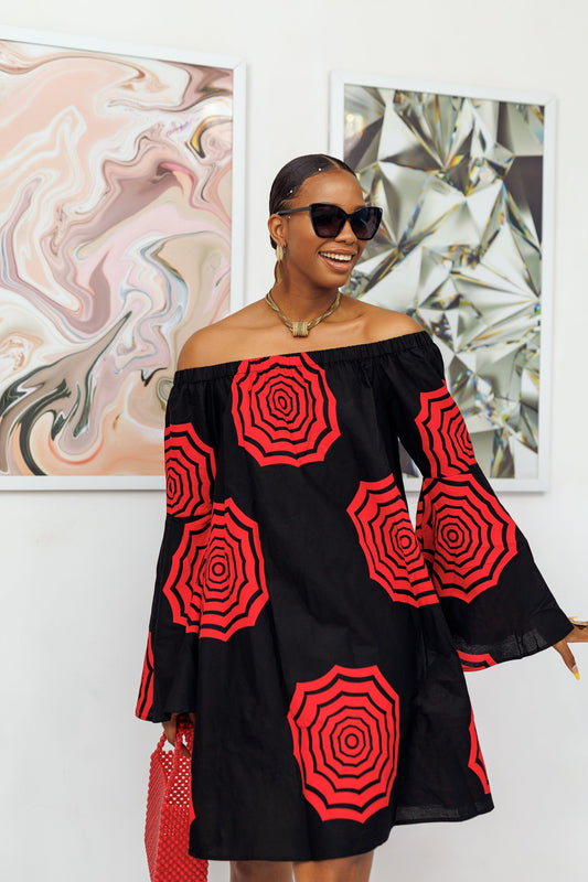 TIYE AFRICAN PRINT OFF SHOULDER DRESS