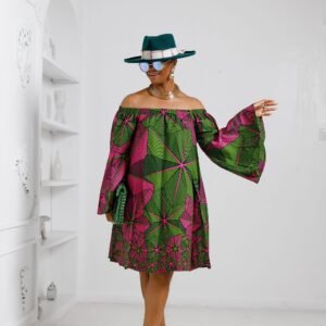 TIYE AFRICAN PRINT OFF SHOULDER DRESS [PINK n GREEN]