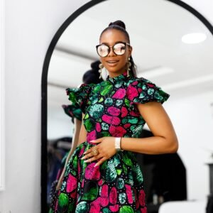 VALERIE AFRICAN PRINT HIGH NECK DRESS [PINK n GREEN]