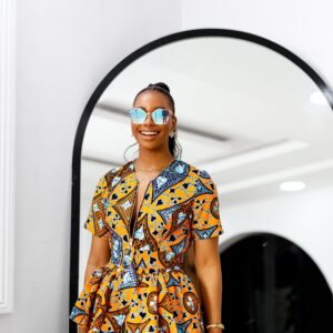 DUNNI AFRICAN PRINT FRONT ZIP PEPLUM TOP [YELLOW]
