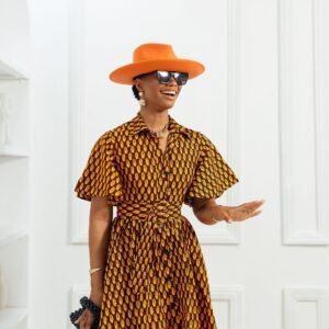 LALA AFRICAN PRINT FLARE SLEEVE BUTTON DRESS