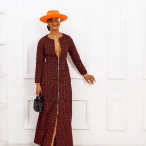 FARIDA AFRICAN PRINT LONG SLEEVE FRONT ZIP MAXI DRESS