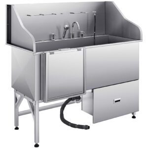 61″ Stainless Steel Dog Grooming Bath Tub, Built-in Ramp & Water Filter, Left-Side Faucet Setup, DOBA-DT61L
