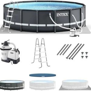 Intex Ultra XTR Frame 14′ x 42″ Round Above Ground Outdoor Swimming Pool Set with Sand Filter Pump, Ladder, Ground Cloth, and Pool Covers